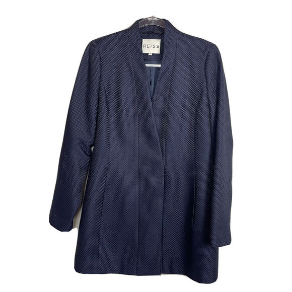 Reiss Blue Longline Blazer Coat Size M Minimalist Officewear Hook Closure - Picture 1 of 7